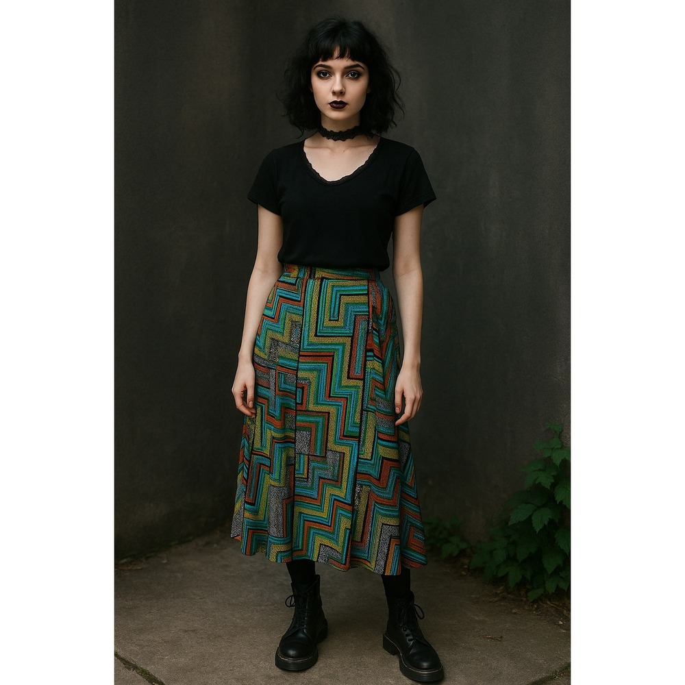 Whimsigoth Boho Art Office Travel Maxi 1X Stretch‎ Skirt Geometric Multi Color